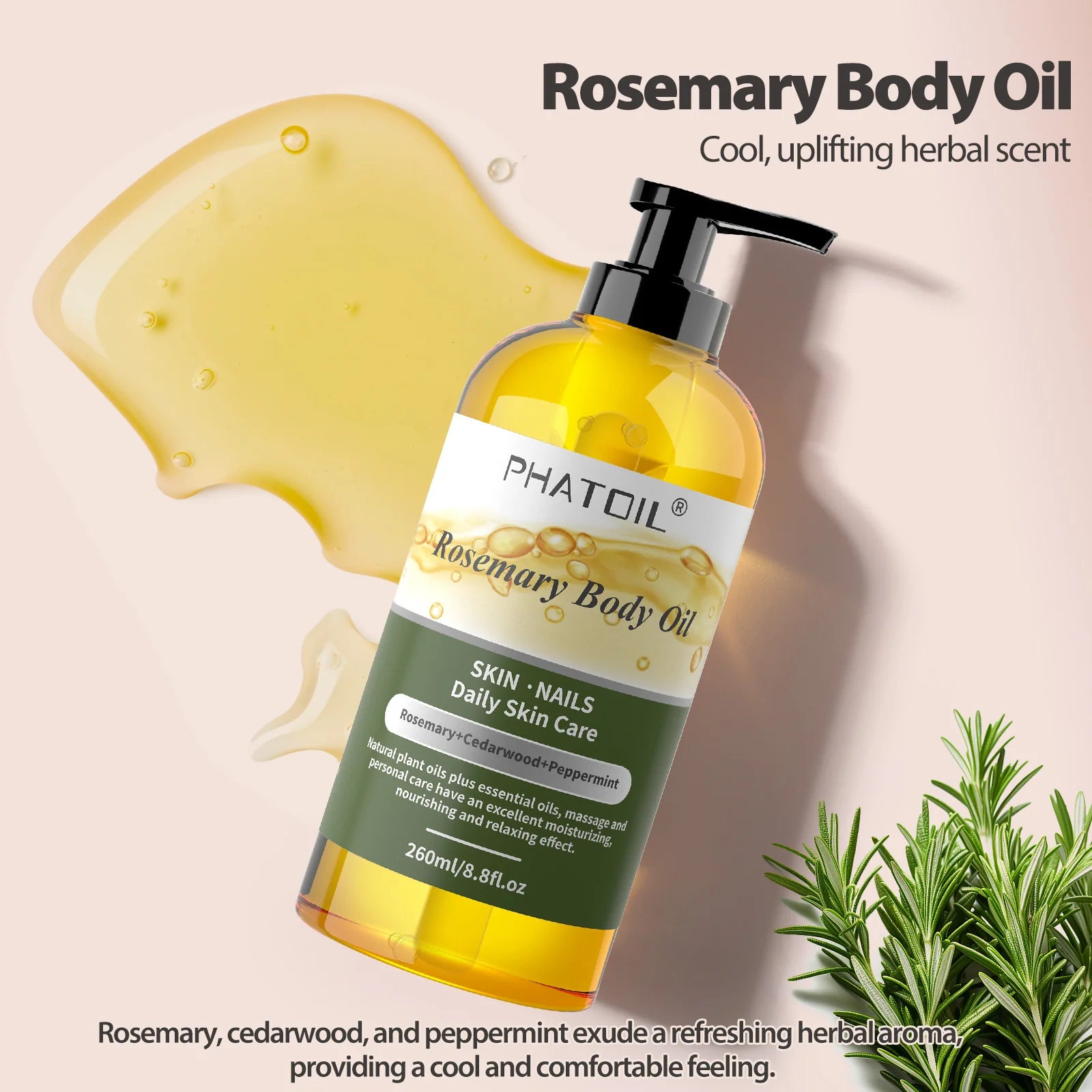 PHATOIL Rosmarin Körperöl nach der Dusche mit Pumpe 260 ml (8,8 fl.oz) Hochwertiges Massageöl Körperöle für trockene Haut Rosmarinöl für das Haar Mischungen aus natürlichen Pflanzenölen und ätherischen Ölen
