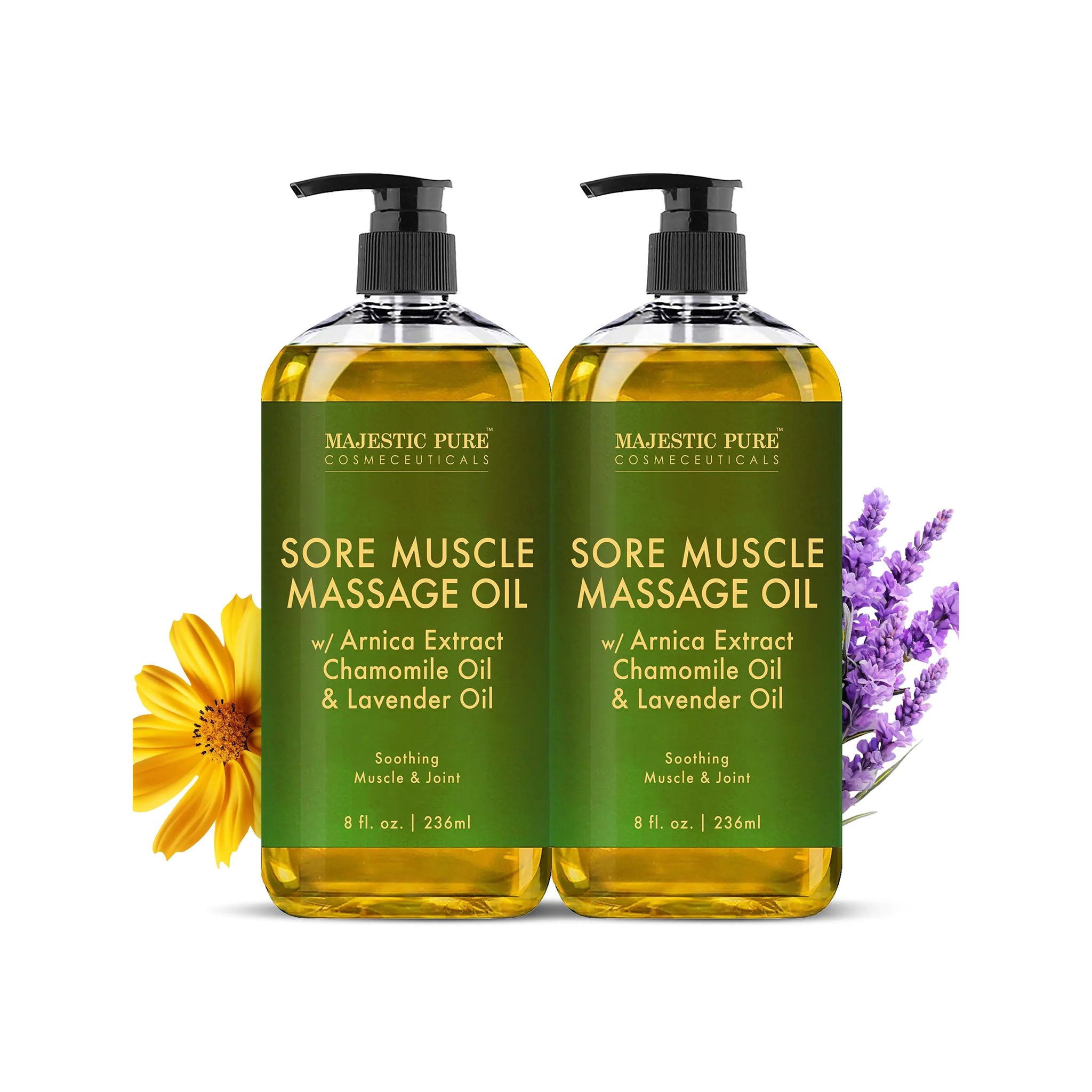 Majestueuze zuivere arnica pijnlijke spiermassageolie voor massagetherapie - natuurlijke olie met lavendel- en kamille etherische oliën - multifunctionele onmiddellijke absorptie Volledige lichaamsmassageolie - 8 fl oz (pak van 2)