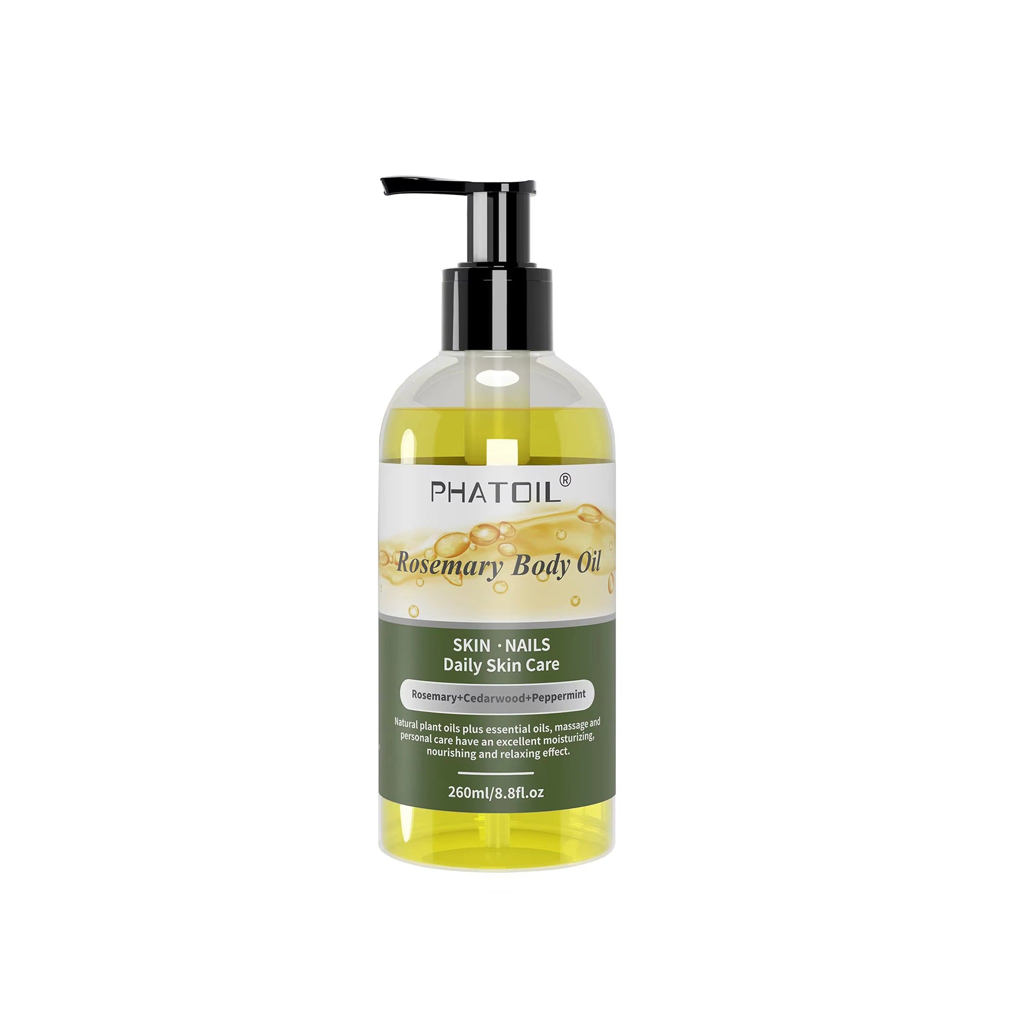 PHATOIL Rosmarin Körperöl nach der Dusche mit Pumpe 260 ml (8,8 fl.oz) Hochwertiges Massageöl Körperöle für trockene Haut Rosmarinöl für das Haar Mischungen aus natürlichen Pflanzenölen und ätherischen Ölen