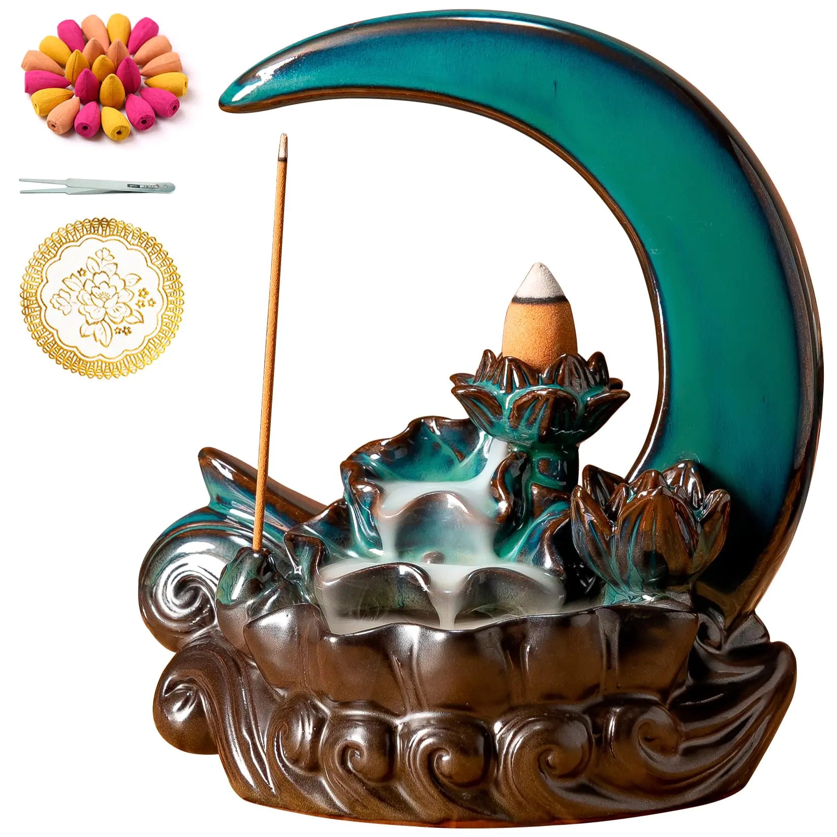 Brûleur d'encens de la lune Garmoly avec 60 cônes d'encens + 30 encens en céramique cascade encens du brûleur de back-reflux d'encens pour décoration intérieure d'ornement d'aromathérapie (cyan)