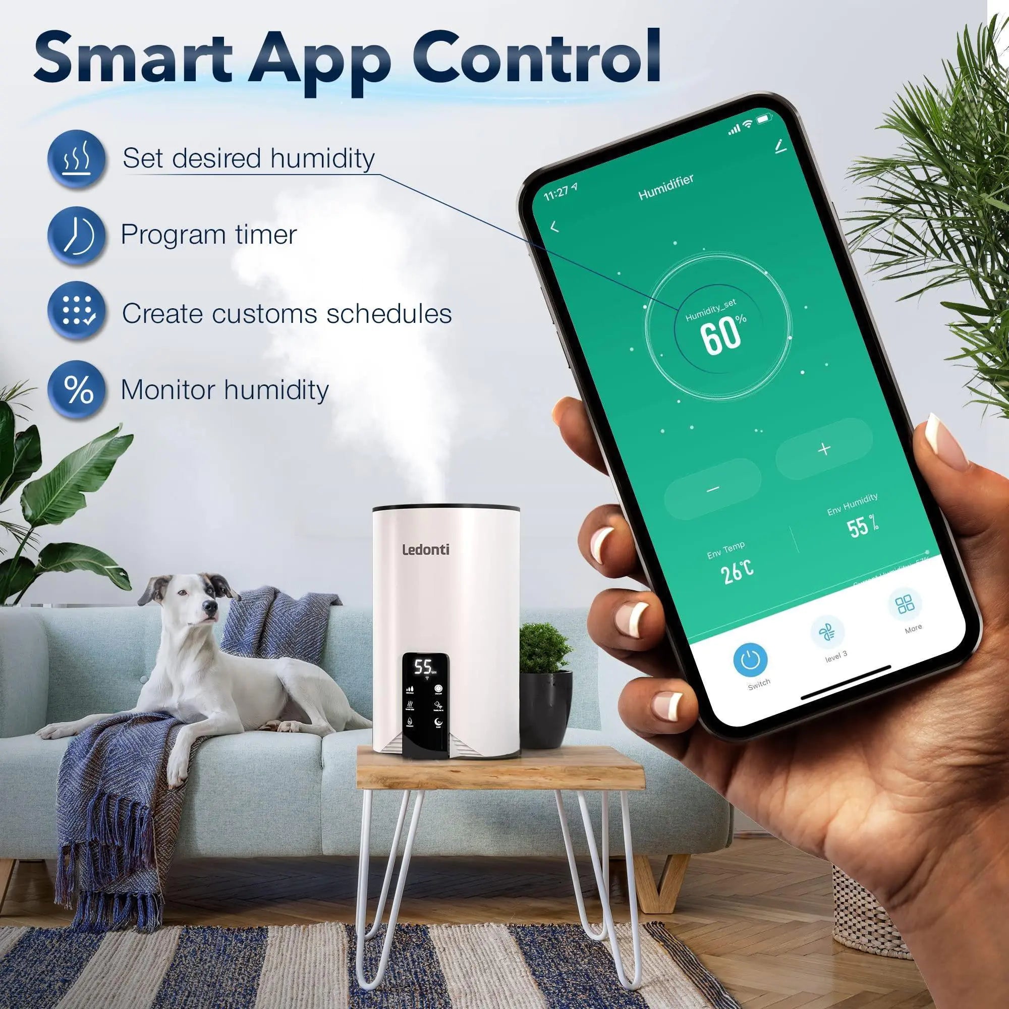 WiFi -Kontrollbefeuchter für Schlafzimmer Dual Mist (cool und warm)! Luftbefeuchter 4l